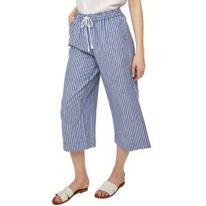 Beach Lunch Lounge Linen Blend Margot Drawstring Blue Pinstripe Pants Sz M Capri